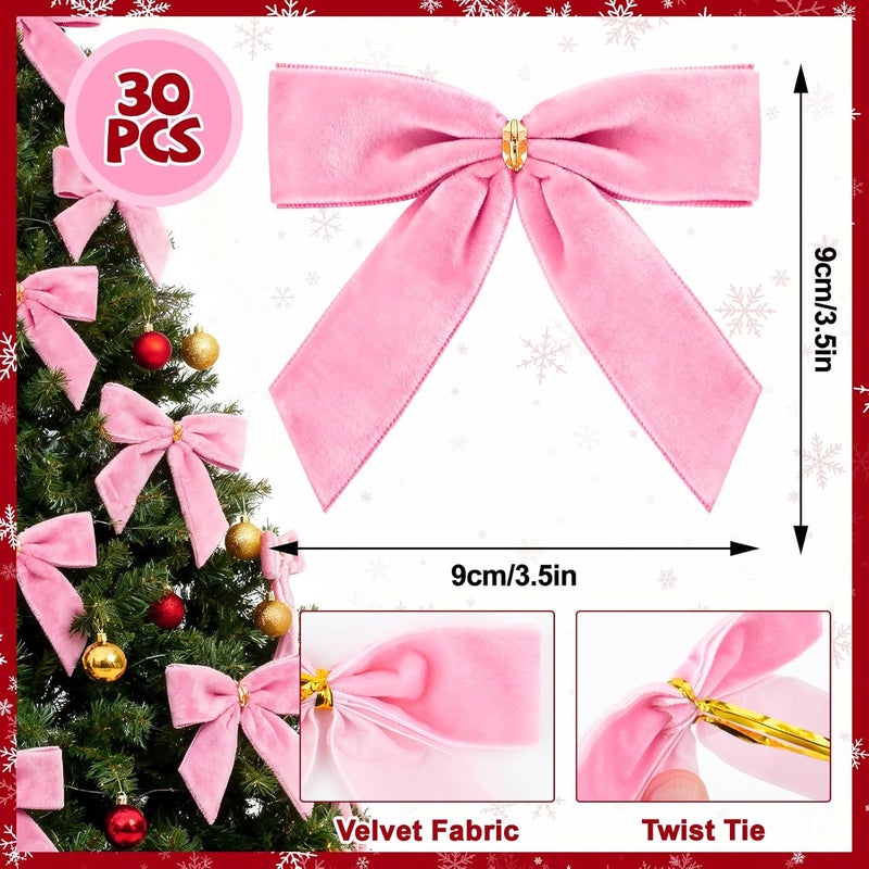 REDWORD 30PCs Pink Bows for Christmas Tree, 3.5 x 3.5 Inch Pink Velvet Bows Vintage Xmas Velvet Ribbon Bow Holiday Ornaments for Christmas Decoration Holiday Decor, Gift Wrapping and Wedding - Image 2